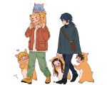  1girl 5boys acorn agatsuma_zenitsu aged_down animal_costume bag blonde_hair blue_eyes blue_hair blush_stickers boots carrying cosplay hashibira_inosuke highres jacket kamado_nezuko kamado_tanjirou kigurumi kimetsu_no_yaiba kotone_ranmaru long_hair multicolored_hair multiple_boys pig_costume pink_eyes ponytail red_hair rengoku_kyoujurou scar shoulder_bag shoulder_carry simple_background sparkle streaked_hair tomioka_giyuu walking white_background yellow_footwear 