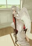  1girl absurdres anbiyori angel_wings chair dress highres indoors looking_at_viewer original sitting solo white_dress white_hair windowsill wings 
