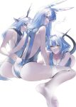  3girls absurdres alina_(arknights) animal_ears antlers arknights ass backless_outfit black_one-piece_swimsuit blue_eyes breasts cleavage deer_antlers deer_ears deer_girl deer_tail dragon_girl dragon_horns dragon_tail from_behind frostnova_(arknights) grey_eyes grey_hair hair_between_eyes hair_ornament hairclip head_rest highres horns long_hair looking_at_viewer looking_back lying medium_breasts multiple_girls on_stomach one-piece_swimsuit rabbit_ears rabbit_girl rabbit_tail simple_background sitting swimsuit tail talulah_(arknights) thighhighs waiomori white_background white_thighhighs yellow_eyes 