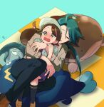  2girls blue_background blush braid brown_eyes brown_hair brown_shirt catfish clodsire cuddling donphan dress_shirt fish green_hair highres hug hug_from_behind juliana_(pokemon) kotone_ranmaru multiple_girls pokemon pokemon_sv ponytail reverse_trap rika_(pokemon) school_uniform shirt simple_background single_braid sleeping smile stuffed_animal stuffed_elephant stuffed_toy uva_academy_school_uniform 