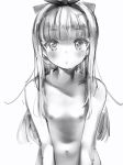  1girl blush bow breasts greyscale hair_bow hairband highres leaning_forward long_hair looking_at_viewer monochrome mononobe_alice nanashi_(nlo74593630) navel nijisanji nipples nude parted_lips ponytail sidelocks simple_background small_breasts virtual_youtuber white_background 