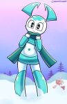 bottomwear broken_robot clothing disfigure female happy hi_res humanoid jenny_wakeman machine my_life_as_a_teenage_robot navel nickelodeon plant robot robot_humanoid scarf screw signature skirt snow solo sweater topwear tree winter winter_clothing