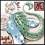  1girl blonde_hair blue_kimono chinese_zodiac dated dragon_horns dragon_tail food horns japanese_clothes kicchou_yachie kimono long_sleeves looking_at_viewer mochi open_mouth red_eyes short_hair smile solo tail touhou turtle_shell wide_sleeves year_of_the_dragon yellow_horns yudepii 