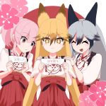  +_+ 3girls :3 ^_^ absurdres artistkitune19 black_hair blush brown_hair closed_eyes cowboy_shot extra_ears ezo_red_fox_(kemono_friends) fang grey_hair hair_between_eyes hakama hands_on_another&#039;s_shoulders highres japanese_clothes kemono_friends long_hair matching_outfits miko multicolored_hair multiple_girls nana_(kemono_friends) open_mouth orange_eyes orange_hair pink_eyes ponytail red_hakama shirt short_hair short_sleeves sidelocks silver_fox_(kemono_friends) smile translation_request white_shirt 