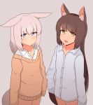  absurd_res animal_humanoid blush clothed clothing duo female hi_res humanoid looking_at_viewer nao_(artist) open_mouth shirt simple_background topwear young 