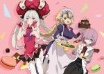  3girls :d apron asao_(vc) bangs black_shirt black_skirt blonde_hair blue_dress blush braid braided_ponytail breasts cake chocolate chocolate_cake cleavage closed_mouth collared_shirt commentary_request dish dress eating eyebrows_visible_through_hair fate/apocrypha fate/grand_order fate_(series) food glasses gloves grey_hair hair_between_eyes hair_over_one_eye happy hat headpiece highres holding holding_food hood hooded_jacket jacket jeanne_d&#039;arc_(fate) jeanne_d&#039;arc_(fate)_(all) juliet_sleeves large_breasts large_hat long_hair long_sleeves macaron maid_headdress marie_antoinette_(fate/grand_order) mash_kyrielight multiple_girls necktie open_mouth pink_hair puffy_sleeves purple_eyes red_dress red_gloves red_neckwear shirt short_hair skirt sleeveless sleeveless_dress small_breasts smile thighhighs twintails very_long_hair wing_collar 