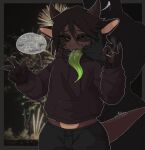 anthro black_sclera bodily_fluids brown_body brown_hair brown_skin chinese_zodiac clothed clothed/nude clothing dragon drugs duo ear_piercing eastern_dragon facial_piercing finger_in_mouth fully_clothed girly green_eyes hachi_(hachikxma) hachikxma hair hi_res holidays horn long_tongue male male/male marijuana muscular muscular_male new_year nose_piercing nude piercing scalie speech_bubble sweat sweatdrop text tongue tongue_out twitching year_of_the_dragon
