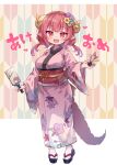  1girl alternate_costume breasts dragon_girl dragon_horns floral_print full_body gradient_hair highres horns ilulu_(maidragon) japanese_clothes kimono kobayashi-san_chi_no_maidragon kolshica looking_at_viewer multicolored_hair oppai_loli pink_hair pointy_ears red_eyes red_hair slit_pupils smile socks solo standing twintails white_socks 
