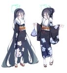  &lt;key&gt;_(blue_archive) 2girls 525_woiwo absurdly_long_hair absurdres aris_(blue_archive) black_hair black_hairband black_kimono blue_archive blue_eyes blush closed_mouth earmuffs floral_print full_body fur-trimmed_kimono fur_trim green_halo hairband halo highres japanese_clothes kimono long_hair long_sleeves multiple_girls obi okobo open_mouth print_kimono red_eyes sandals sash simple_background smile socks tabi very_long_hair white_background white_socks wide_sleeves zouri 