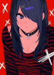  1girl alternate_costume alternate_hairstyle ame-chan_(needy_girl_overdose) black_choker black_hair breasts choker cleavage closed_mouth hair_down hair_ornament hair_over_one_eye heart heart_choker long_hair long_sleeves looking_at_viewer needy_girl_overdose purple_eyes red_background solo striped striped_sweater sweater upper_body x_hair_ornament yumeno_(yume0601) 