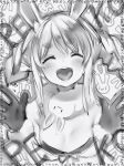  1girl :d animal_ears braid breasts bunny_ears catchphrase closed_eyes eyebrows_visible_through_hair facing_viewer gloves greyscale hands_up highres hololive monochrome nanashi_(nlo74593630) open_mouth oversized_breast_cup pelt round_teeth sidelocks small_breasts smile solo teeth twin_braids upper_body upper_teeth usada_pekora 