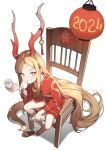  1girl 2024 absurdly_long_hair blonde_hair blvefo9 breasts chinese_zodiac choko_(cup) commentary_request cup dragon_girl dragon_horns forehead full_body grin horns japanese_clothes kimono long_hair looking_at_viewer new_year original red_kimono simple_background sitting small_breasts smile solo teeth tokkuri very_long_hair white_background year_of_the_dragon yellow_eyes zouri 