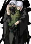  2boys absurdres arm_around_neck asymmetrical_bangs black_background black_bodysuit black_eyes black_gloves black_mask black_robe black_sleeves bodysuit buttons character_request chest_sarashi closed_mouth commentary covered_mouth dated english_commentary expressionless gloves green_vest hatake_kakashi highres injury kami_off_record long_sleeves looking_at_viewer male_focus mask mouth_mask multiple_boys naruto naruto_(series) pocket robe sarashi scar scar_across_eye short_hair signature spiked_hair two-tone_background very_short_hair vest watermark weibo_logo weibo_username white_background white_hair wide_sleeves 