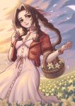  1girl aerith_gainsborough artist_name braid breasts brown_hair butter_spoon cleavage cloud cloudy_sky commentary dress field final_fantasy final_fantasy_vii final_fantasy_vii_remake flower flower_field green_eyes highres holding holding_mask index_finger_raised jacket jewelry long_dress mask necklace parted_lips petals pink_dress red_jacket sidelocks single_braid sky small_breasts smile solo watermark 