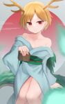  1girl absurdres antlers blonde_hair blue_kimono dakuazu dragon_girl dragon_horns dragon_tail happy_new_year highres horns japanese_clothes kicchou_yachie kimono looking_at_viewer red_eyes short_hair tail touhou turtle_shell yellow_horns 