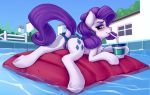 2020 blush butt clothing cutie_mark detailed_background equid equine eyebrows eyelashes feral friendship_is_magic genitals kittytitikitty looking_at_viewer lying mammal my_little_pony outside pussy pussy_floss rarity_(mlp) solo straw water 