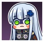  1girl black_jacket blunt_bangs blush_stickers chibi chinese_commentary commentary_request cross cross_hair_ornament frown girls&#039;_frontline green_eyes grey_hair hair_ornament highres hk416_(girls&#039;_frontline) iron_cross jacket long_hair looking_at_viewer official_art parted_lips purple_background shaded_face simple_background solo su_xiao_jei teardrop_facial_mark upper_body very_long_hair 