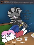  3:4 anthro ask_blog ask_bottom_armor ass_up big_butt blush bow bulge butt clothing dialogue english_text equid equine food friendship_is_magic furniture hi_res horse lefthighkick male mammal my_little_pony panties pony shining_armor_(mlp) table text underwear zebra 