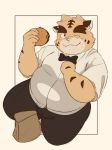  2020 anthro bottomwear burger clothing cute_fangs felid food hi_res humanoid_hands kemono male mammal one_eye_closed overweight overweight_male pantherine pants pink_nose samodora1030 shirt solo tiger topwear wink 