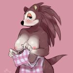  2020 4_fingers animal_crossing anthro anthrofied apron black_eyes blush breasts brown_body brown_fur clothing eulipotyphlan female fingers freckles freshly_uprooted fur half-closed_eyes hedgehog hi_res humanoid_hands looking_at_viewer mammal mouthless multicolored_body multicolored_fur narrowed_eyes nintendo nipples pink_background portrait sable_able signature simple_background solo three-quarter_portrait undressing video_games 