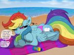  absurd_res beach bikini_thong butt clothing dialogue equid equine female feral friendship_is_magic hi_res lunar_cipher lying mammal my_little_pony on_front one_eye_closed pegasus rainbow_dash_(mlp) seaside solo swimwear towel wings wink 