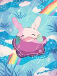  animal_focus artist_name closed_eyes colored_skin commentary_request goomy hanabusaoekaki highres no_humans open_mouth pokemon pokemon_(creature) puddle purple_skin rain rainbow ripples smile sparkle twitter_username water 