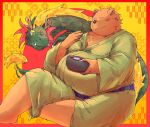 2024 anthro asian_clothing bari_mu bear belly big_belly brown_body brown_fur clothing dragon duo east_asian_clothing eating feral food fur green_body hi_res humanoid_hands japanese_clothing kemono male mammal one_eye_closed overweight overweight_male sitting wink