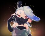  1girl black_background black_dress black_gloves blue_hair brown_background dress elbow_gloves english_commentary full_body gloves happy_new_year highres jewelry louwaldo mask medium_hair mouth_mask necklace official_alternate_costume red_eyes see-through_shawl shawl shiver_(splatoon) solo splatoon_(series) splatoon_3 strapless strapless_dress tentacle_hair two-tone_background 