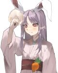  1girl animal_ears blush carrot commentary commeowdore cotton_candy english_commentary english_text food food-themed_clothes food_on_face hand_up holding holding_food japanese_clothes kimono long_hair long_sleeves looking_up obi purple_hair rabbit_ears red_eyes reisen_udongein_inaba sash simple_background smile solo tongue tongue_out touhou upper_body white_background wide_sleeves 