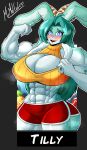 2023 abs absurd_res anthro blush bodily_fluids buckteeth cleavage_cutout clothing eyebrows female fingers fur hair hi_res lagomorph leporid looking_at_viewer mammal mrmelted muscular muscular_anthro muscular_female open_mouth rabbit solo sweat teal_body teal_fur teeth tilly_(flufffluff84) tongue topwear towel towel_around_neck white_body