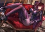  1girl absurdres bodysuit breasts couch covered_navel fate/grand_order fate_(series) hair_between_eyes highres large_breasts long_hair looking_at_viewer purple_bodysuit purple_hair red_eyes scathach_(fate) solo yujieai 