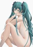  absurdres blue_eyes blue_hair breasts completely_nude expressionless hair_censor hatsune_miku highres kobamaki looking_at_viewer nude sideboob twintails vocaloid 