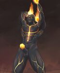 2024 bald balls brand_(lol) dark_body dark_skin digital_media_(artwork) erection fire genitals grin hi_res human humanoid_genitalia humanoid_penis league_of_legends male mammal markings muscular muscular_human muscular_male no_pupils not_furry penis pokegontc pose riot_games smile solo teeth yellow_eyes