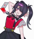  1girl ace_(playing_card) ace_of_hearts ame-chan_(needy_girl_overdose) arm_behind_head arm_up black_hair black_ribbon breasts card collared_shirt hair_ornament hair_over_one_eye hashtag_only_commentary heart long_hair looking_at_viewer neck_ribbon needy_girl_overdose open_mouth playing_card purple_eyes red_shirt ribbon shirt simple_background skirt small_breasts smile solo suspender_skirt suspenders twintails white_background x_hair_ornament yumeno_(yume0601) 