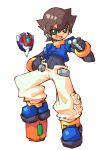  1boy black_bodysuit bodysuit brown_hair crop_top green_eyes highres iikoao mega_man_(series) mega_man_zx midriff model_z_(mega_man) open_mouth pants robot_ears shoes short_hair tagme vent_(mega_man) 