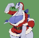 2023 5_fingers anthro big_breasts biped breasts christmas christmas_clothing christmas_headwear cleavage clothed clothing costume female fingers generation_2_pokemon greasymojo green_background hat headgear headwear hi_res holidays huge_breasts legendary_pokemon lugia nintendo open_mouth open_smile pokeball pokemon pokemon_(species) pokemorph santa_costume santa_hat simple_background smile solo standard_pokeball