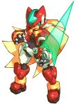  armor blonde_hair cropped_jacket crotch_plate energy_sword green_eyes helmet highres holding holding_sword holding_weapon iikoao long_hair mega_man_(series) mega_man_zx model_zx_(mega_man) sword tagme vent_(mega_man) weapon 