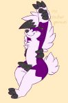  2020 alternate_color arms_above_head claws ear_piercing english_text erection eyes_closed fan_character feral front_view fur genitals knot lycanroc male midnight_lycanroc multicolored_body multicolored_fur nasty-fox nintendo nude pawpads penis piercing pok&eacute;mon pok&eacute;mon_(species) purple_body purple_fur simple_background sitting solo stretching text two_tone_body two_tone_fur unknown_character video_games white_body white_fur yellow_background 