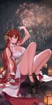  1girl arm_up bare_arms bare_shoulders black_choker black_footwear breasts choker cleavage commentary_request dress fireworks grin high_heels highres himeko_(honkai:_star_rail) honkai:_star_rail honkai_(series) knees_up large_breasts long_hair looking_at_viewer red_hair sitting sleeveless sleeveless_dress smile solo thighs very_long_hair white_dress yellow_eyes yokii 