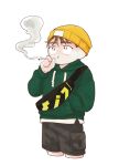  1boy brown_hair cigarette commentary_request cropped_legs eoduun_badaui_deungbul-i_doeeo fanny_pack gof2ull green_hoodie hand_in_pocket hat holding holding_cigarette hood hoodie jihyeok_seo korean_commentary male_focus short_hair shorts simple_background smoke solo standing white_background yellow_headwear 