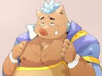  2020 anthro arufina_w belly brown_body brown_fur clothing fur gouryou humanoid_hands kemono male mammal moobs nipples overweight overweight_male solo suid suina sus_(pig) tokyo_afterschool_summoners undressing video_games wild_boar 