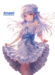  1girl alternate_costume angel_beats! armpit_crease backlighting bare_shoulders black_ribbon blue_bow blue_flower blush bow comiket_103 commentary_request cover cover_page detached_collar doujin_cover dress english_text eyes_visible_through_hair feet_out_of_frame floating_hair flower flower_wreath frilled_dress frills goto_p grey_hair hair_between_eyes hair_flower hair_ornament hairband head_wreath highres jewelry long_hair looking_at_viewer necklace off-shoulder_dress off_shoulder open_mouth puffy_short_sleeves puffy_sleeves ribbon short_sleeves simple_background skirt_hold smile solo standing tachibana_kanade white_background white_dress white_flower white_hairband yellow_eyes 