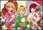  +_+ 3girls arima_kana blonde_hair blue_eyes bob_cut closed_mouth flower green_kimono hair_flower hair_ornament holding holding_umbrella horns hoshino_ruby inverted_bob japanese_clothes kimono long_hair looking_at_viewer memcho multiple_girls official_art one_eye_closed open_mouth oshi_no_ko pink_eyes pink_kimono red_eyes red_hair short_hair smile umbrella white_kimono 