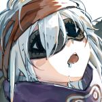  1girl chinese_commentary close-up commentary_request drooling eye_mask eye_print g11_(girls&#039;_frontline) girls&#039;_frontline headband long_hair open_mouth portrait red_headband simple_background sleeping solo su_xiao_jei teeth upper_teeth_only white_background white_hair 