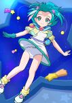  1girl :t aqua_eyes aqua_hair bad_id bad_twitter_id blue_gloves blush breasts cameltoe cropped_jacket cure_cotton cure_milky dress gloves hagoromo_lala hair_ornament highres inactive_account legs loose_socks panties pointy_ears precure sailor_collar shoes shooting_star_(symbol) single_glove sky small_breasts socks solo space star-shaped_pupils star_(sky) star_(symbol) star_twinkle_precure starry_sky symbol-shaped_pupils underwear white_panties zero_gravity 