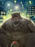 2024 anthro balls bear belly ben_(zenless_zone_zero) big_belly bodily_fluids colaoaoiacquy cum detailed_background ejaculation fireworks genital_fluids genitals hi_res humanoid_hands kemono male mammal mihoyo moobs navel night outside overweight overweight_male penis scar solo zenless_zone_zero