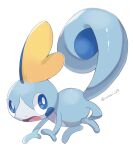  animal_focus artist_name blue_eyes blue_skin bright_pupils colored_skin commentary_request fins head_fins highres iwasi_29 no_humans open_mouth pokemon pokemon_(creature) simple_background sobble tail twitter_username white_background 