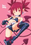  1girl black_gloves black_skirt black_thighhighs blush boots choker demon_girl demon_tail demon_wings disgaea earrings elbow_gloves etna_(disgaea) flat_chest gloves highres jewelry looking_at_viewer o-ring o-ring_choker one_eye_closed panties pointy_ears puddinghomhom red_eyes red_hair red_tail red_wings skirt skull_earrings slit_pupils solo tail thighhighs thighhighs_under_boots tongue tongue_out underwear wings 