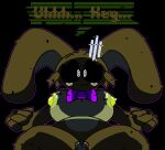 &lt;3 anthro areola big_breasts black_background black_sclera breasts brown_body brown_fur chaoticdream cheek_tuft crossgender dialogue digital_creature facial_tuft female five_nights_at_freddy&#039;s fur genitals glitchtrap green_areola green_nipples hi_res lagomorph leporid looking_at_viewer mammal nipples purple_bow_tie pussy rabbit scottgames simple_background solo speech_bubble text thick_thighs tuft white_eyes wide_hips