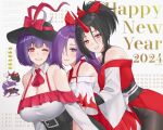  2024 3girls :d ;d adapted_costume aroevela ascot black_hair breasts bright_pupils character_name cleavage closed_mouth hair_over_one_eye happy_new_year highres horns japanese_clothes kimono konngara_(touhou) large_breasts looking_at_viewer meira_(touhou) multiple_girls nagae_iku one_eye_closed oni_horns open_mouth ponytail purple_eyes purple_hair red_ascot red_eyes red_horns red_kimono short_hair signature single_horn smile sukusuku_hakutaku touhou touhou_(pc-98) white_pupils 